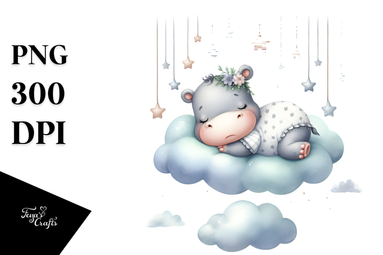 Cute Baby Hippo Sleeping on Cloud Hanging Stars