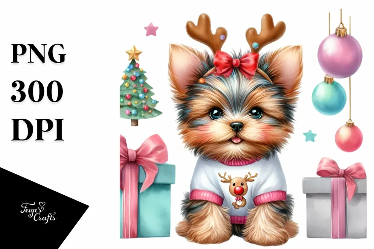 Baby Yorkshire Terrier with Reindeer Horns PNG