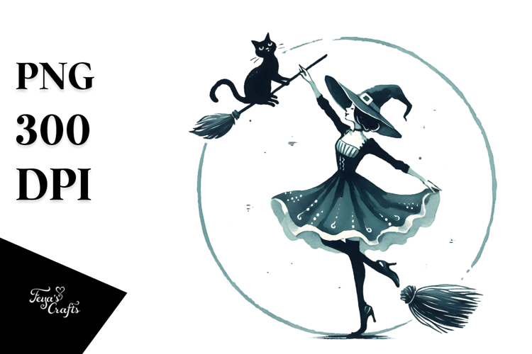Retro Witch with Cat PNG