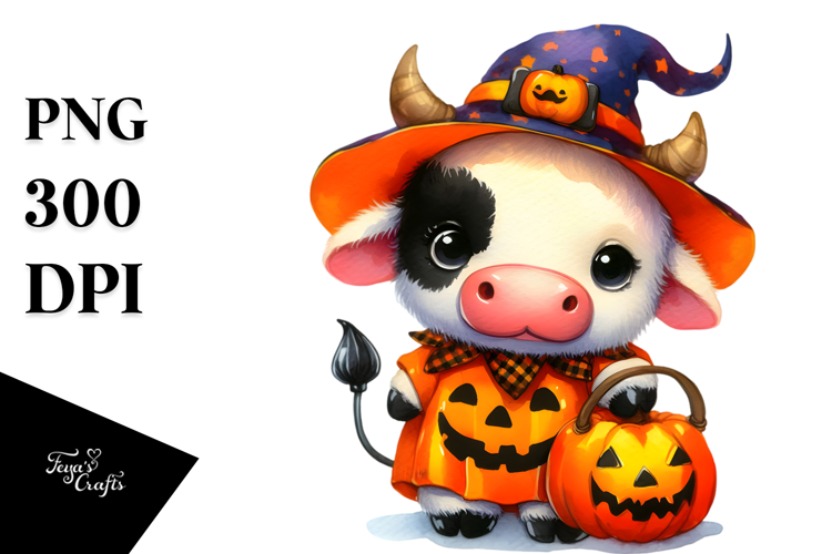 Cute Baby Cow with Pumpkin in the Style of , High-Res PNG