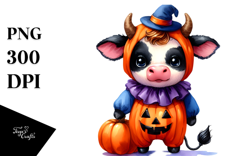 Cute Baby Cow with Pumpkin in the Style of , High-Res PNG
