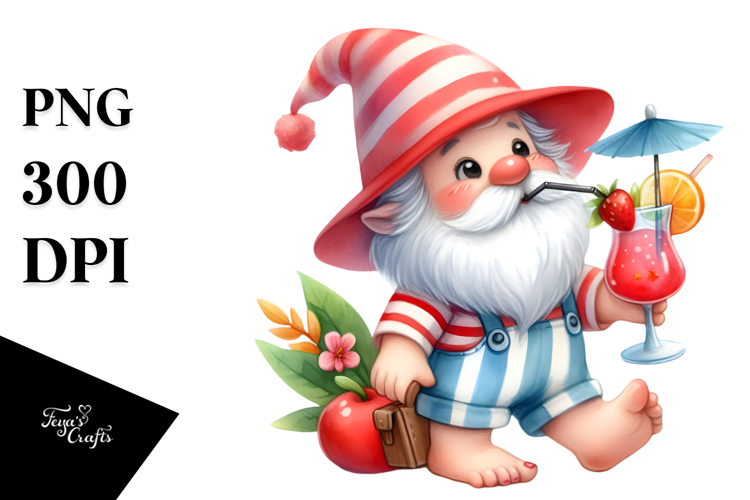 Whimsical Gnome drinking Cocktail in Summer Clothes JPEG