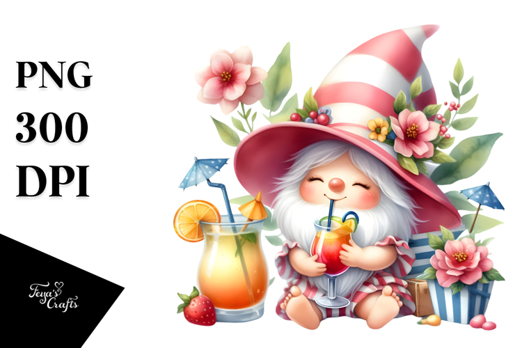 Whimsical Gnome drinking Cocktail in Summer Clothes JPEG