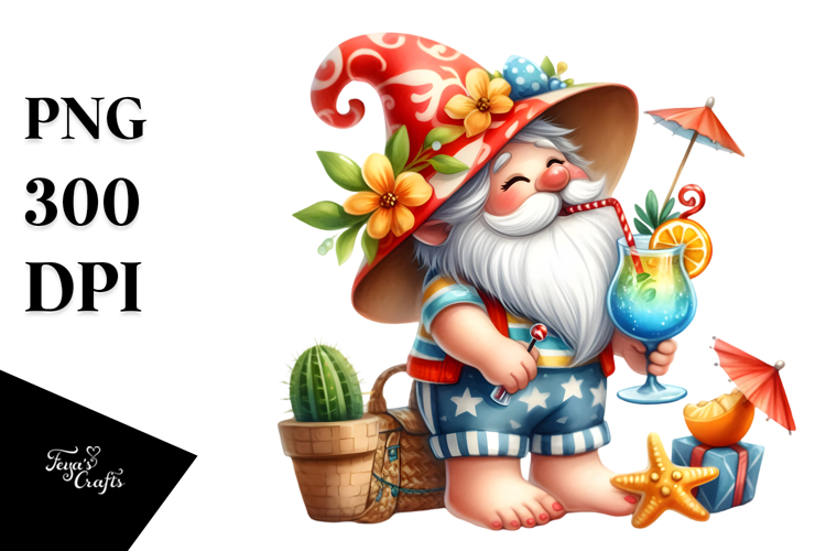 Whimsical Gnome drinking Cocktail in Summer Clothes JPEG