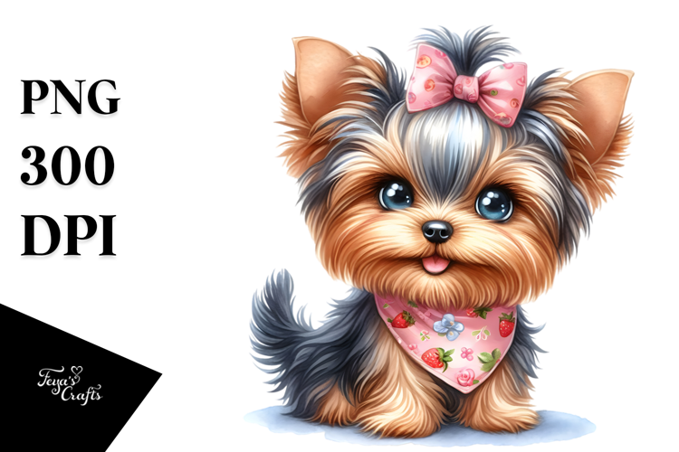 Watercolor Cute Cartoon Yorkshire Terrier