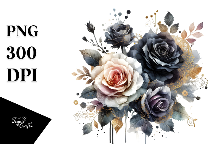Colorful Black Roses Watercolor PNG