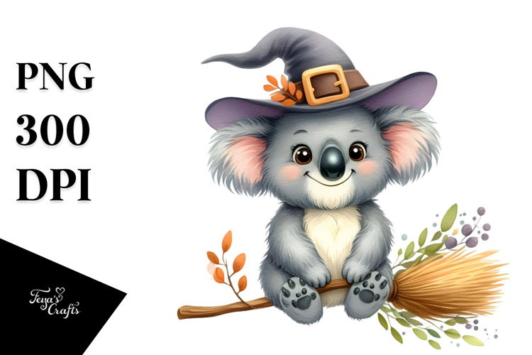 Funny Watercolor Koala on Witch Broom Sublimation Clipart