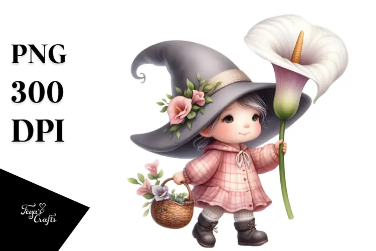 Cute Baby Gnome with Calla Lily PNG