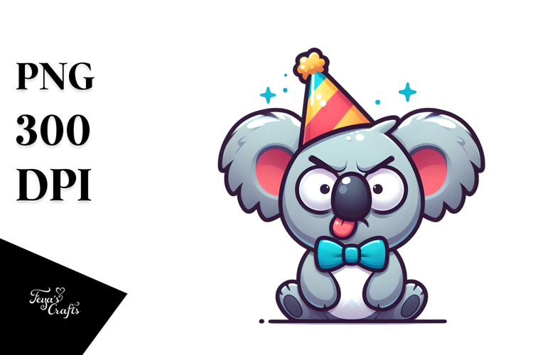 Funny Cartoon Koala with Party Hat PNG