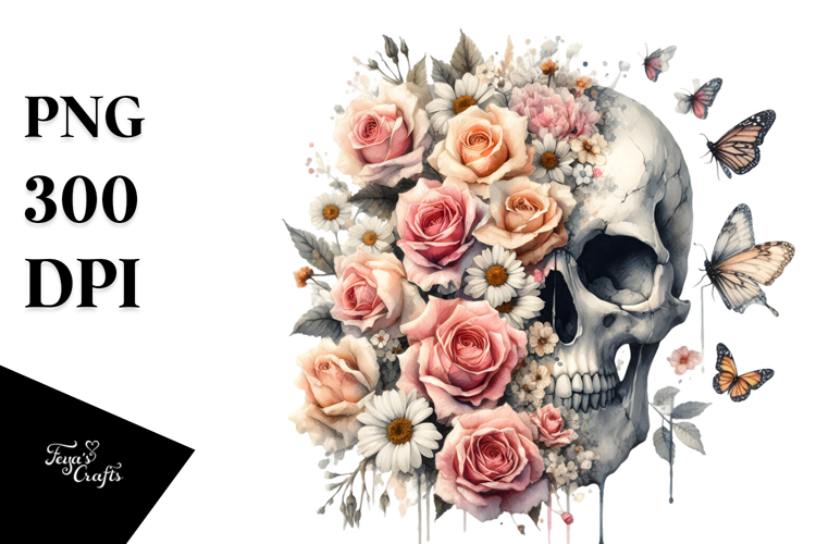 Colorful Skull with Flowers, PNG