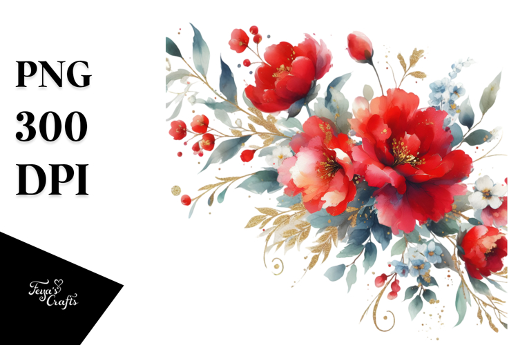 Vibrant Red Flowers Watercolor | Gold Insertions