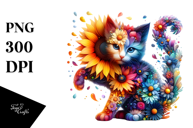 Colorful Kittene with Sunflower and 3D Flowers PNG