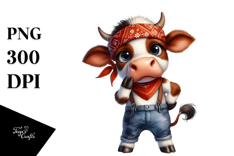 Cow with Big Eyes Bandana and Farm Jeans Clipart