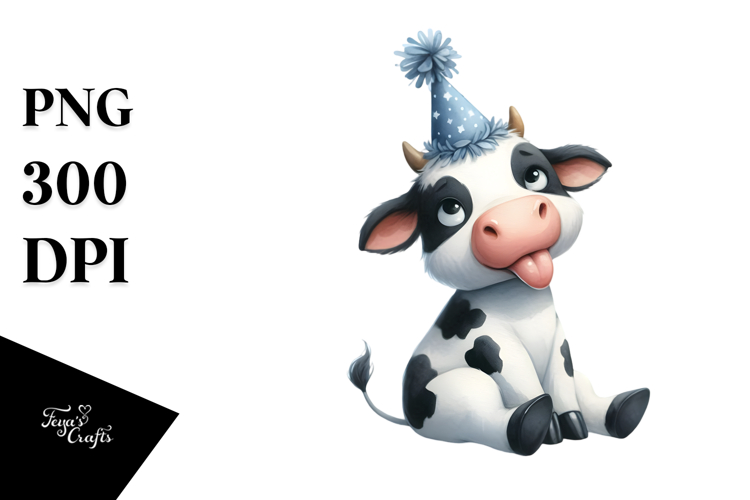 Holstein Cow with Party Hat, Tongue-Out Pose PNG