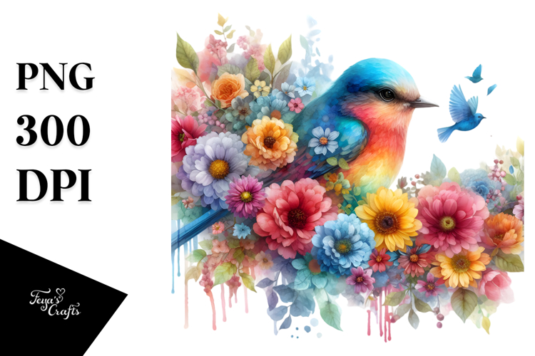 Colorful Bird with Flowers, PNG