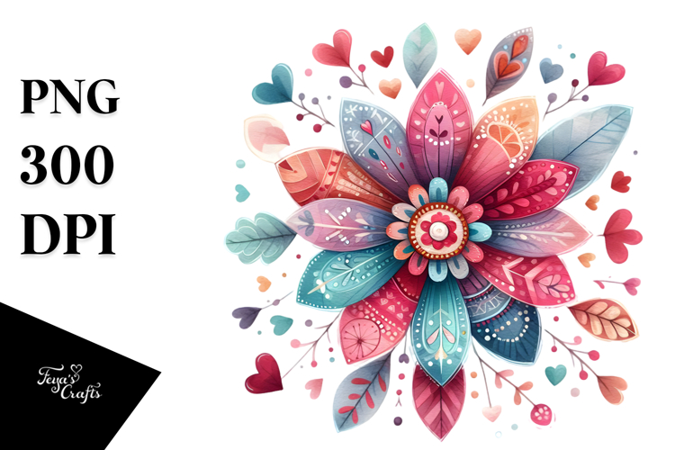 Simple Flower with Hearts Watercolor Digital Painting JPEG