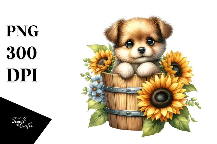 Baby Dog with Sunflower PNG