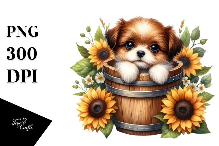 Baby Dog with Sunflower PNG