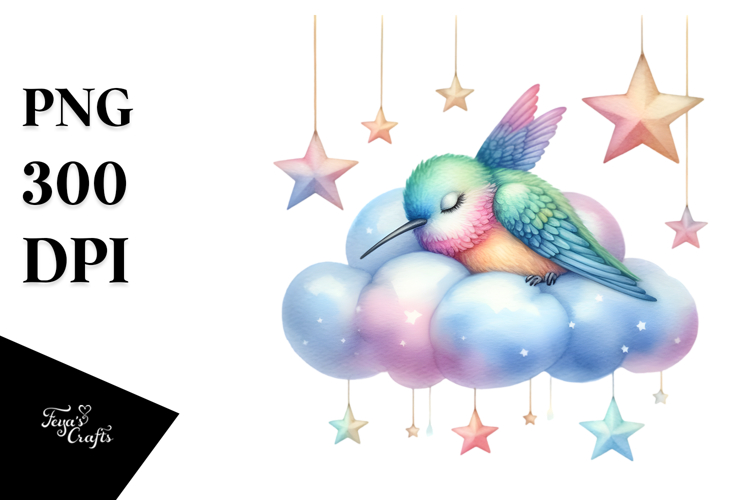 Hummingbird Sleeping on Cloud With Stars | Clipart