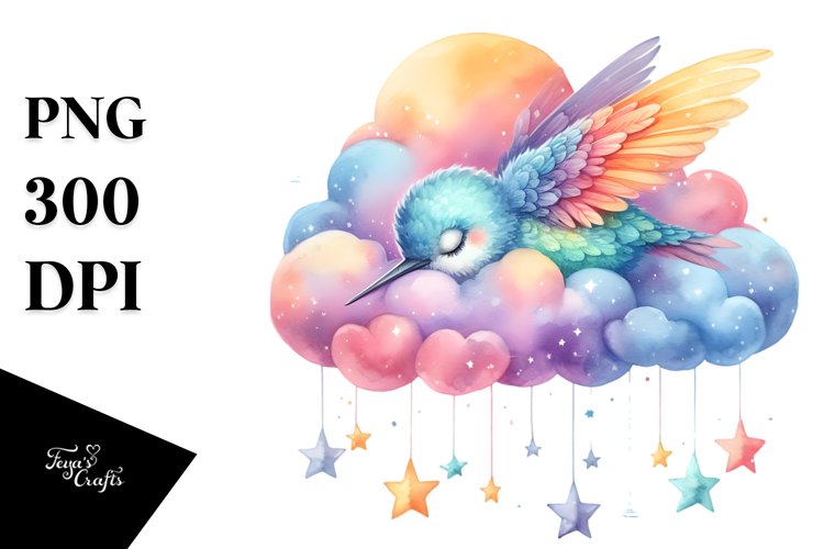 Hummingbird Sleeping on Cloud With Stars | Clipart