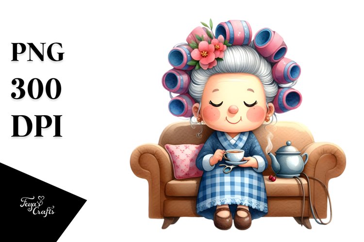 Old Lady with Hair Curlers Tea Time | Clipart