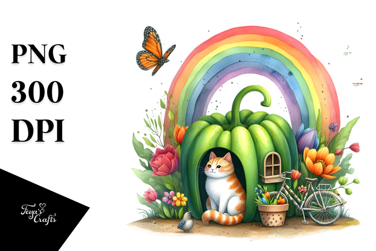 Colorful Cat House Rainbow Scene | Clipart