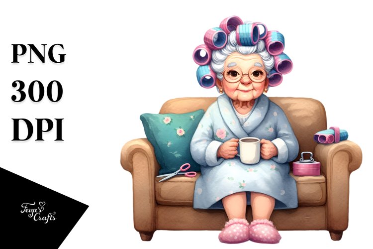 Old Lady with Hair Curlers Mug Time | Clipart