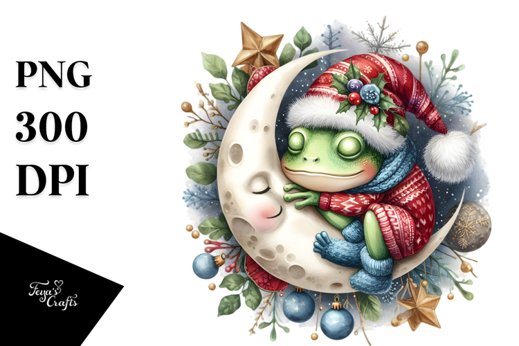 Baby Frog Sleeping on Moon Watercolor Clipart
