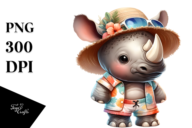 Digital Watercolor Baby Rhino in Beachwear, High-Res PNG