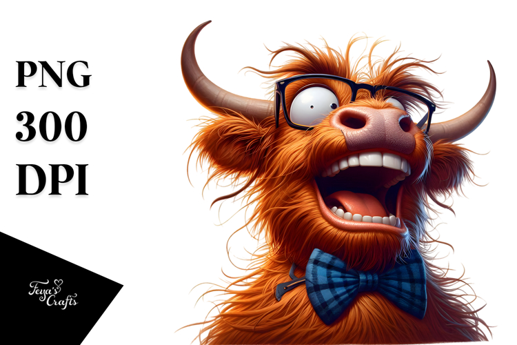 Goofy Highland Cow with Bow Tie PNG