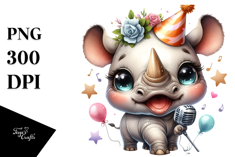Singer Baby Rhino with Party Hat, PNG
