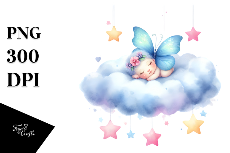 Pastel Baby Butterfly Sleeping on Cloud Clipart