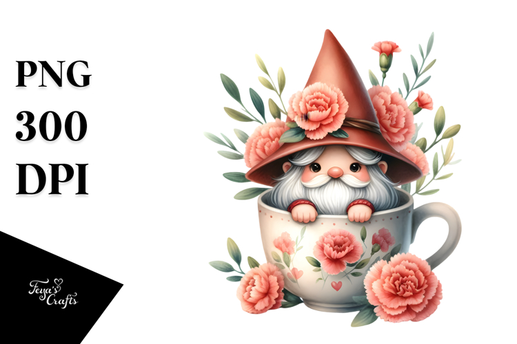 Watercolor Gnome with Large Carnation Floral, PNG