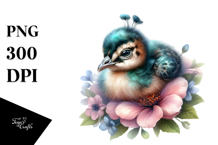 Digital Baby Peacock Sleeping on Flower PNG