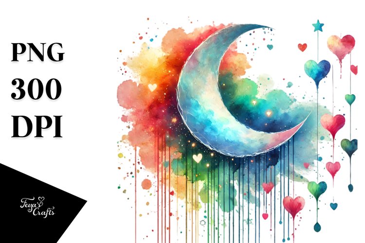 Very Simple Watercolor Moon with Hearts PNG
