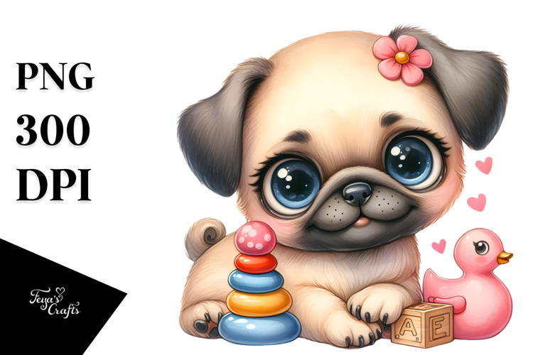 Watercolor Baby Cartoon Pug with Big Eyes