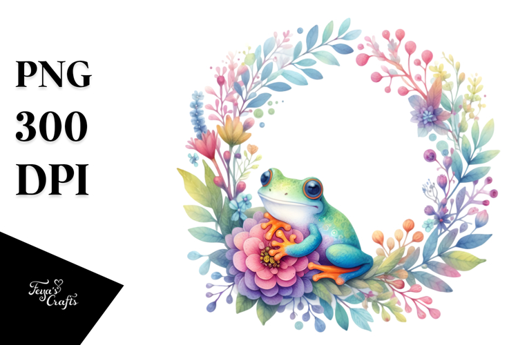 Vibrant Watercolor Pastel Whimsical Frog Floral Frame