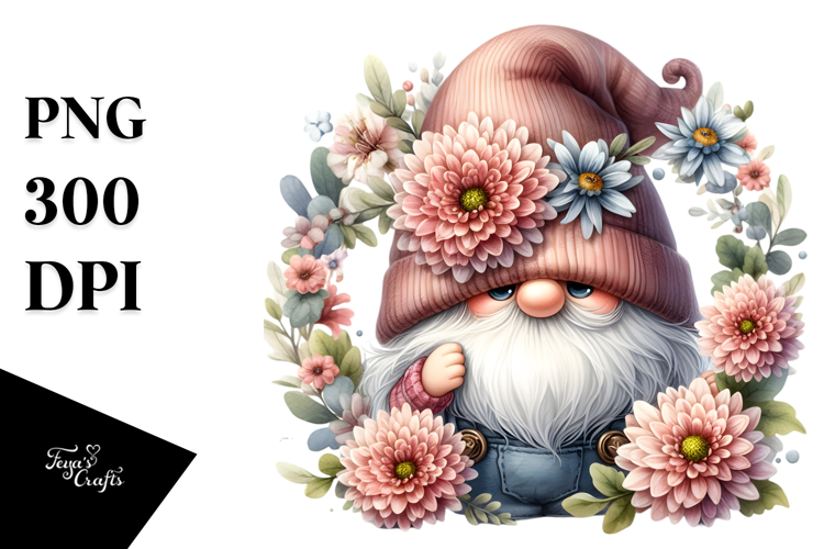 Cute Gnome with Chrysanthemum Floral Frame JPEG