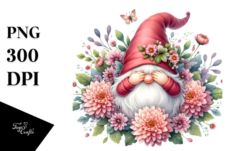 Cute Gnome with Chrysanthemum Floral Frame JPEG example image 1