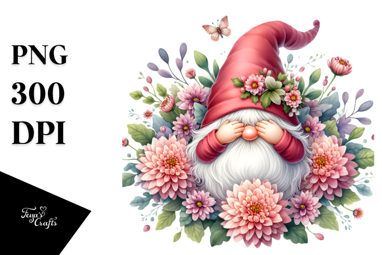 Cute Gnome with Chrysanthemum Floral Frame JPEG