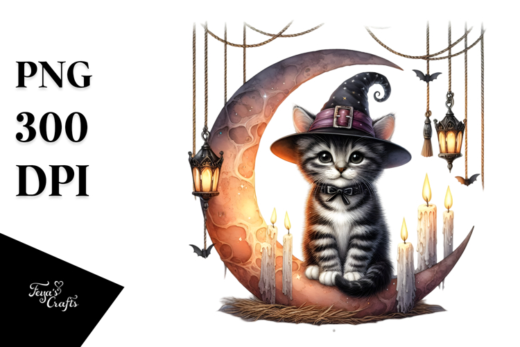Halloween Kitten on Moon, PNG