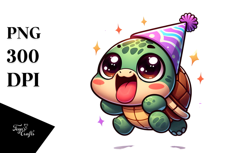 Cartoony Turtle with Party Hat Vector Art