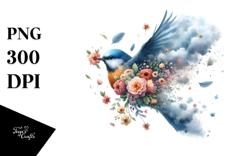 Bird Splashes Spring Flowers PNG
