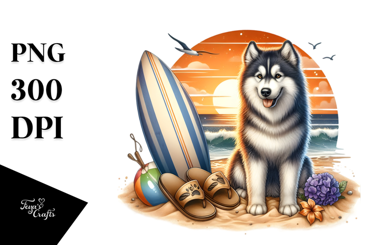 Siberian Husky Surf Watercolor Clipart