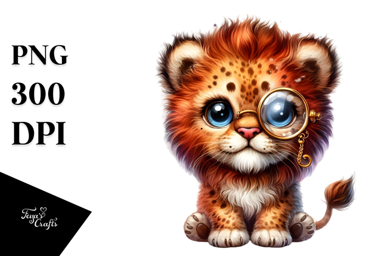 Vibrant Baby Lion with Monocle PNG