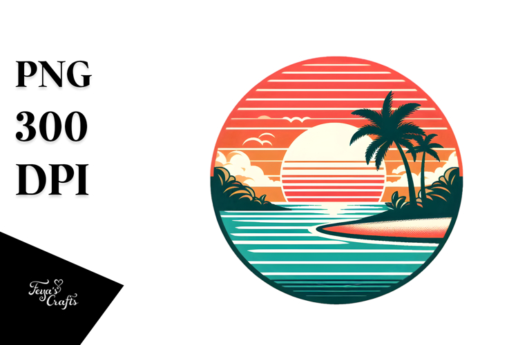 Retro Tropical Island Sunset, PNG