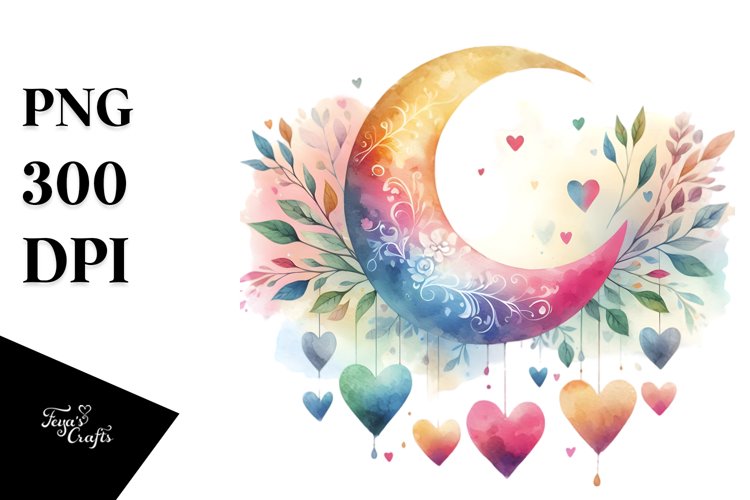 sSimple Half Moon with Hearts, White Background