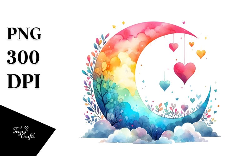 Simple Watercolor Half Moon with Hearts PNG