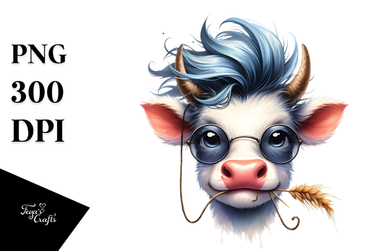 Watercolor Funny Cow with Hay Straw