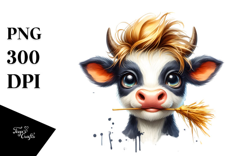 Funny Cow with Straw in Mouth, PNG example image 1
